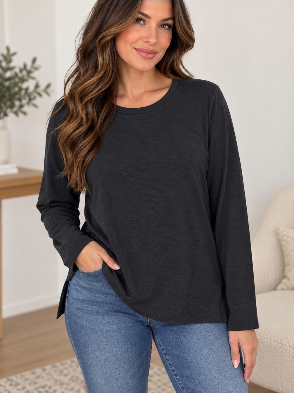 J.Jill Black Crewneck Slub Tee Long Sleeve 100% Cotton XL
